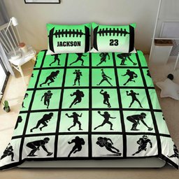 Personalized Football Duvet Cover Set, America Football Pose Green Player Gift Idea Duvet Cover & Pillowcases, Custom Name Number Bedding Set