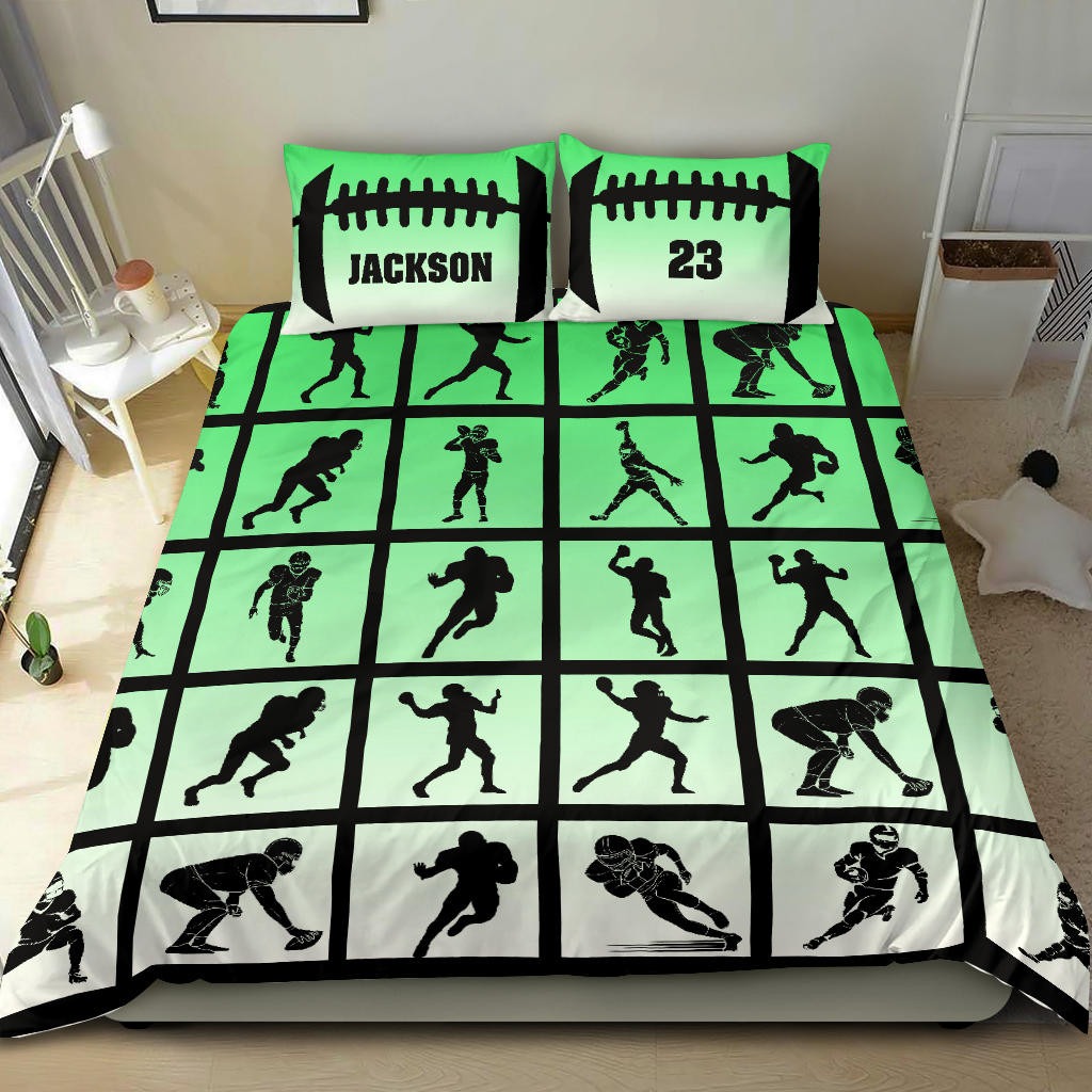 Personalized Football Duvet Cover Set, America Football Pose Green Player Gift Idea Duvet Cover & Pillowcases, Custom Name Number Bedding Set