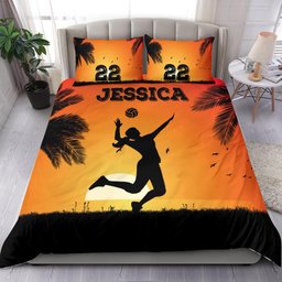 Personalized Volleyball Duvet Cover Set, Volleyball Girl Sunset Orange Player Gift Duvet Cover & Pillowcases, Custom Name Number Bedding Set