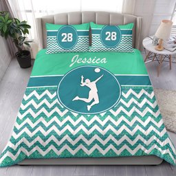 Personalized Volleyball Duvet Cover Set, Volleyball Girl Zig Zag Player Blue Green Duvet Cover & Pillowcases, Custom Name Number Bedding Set