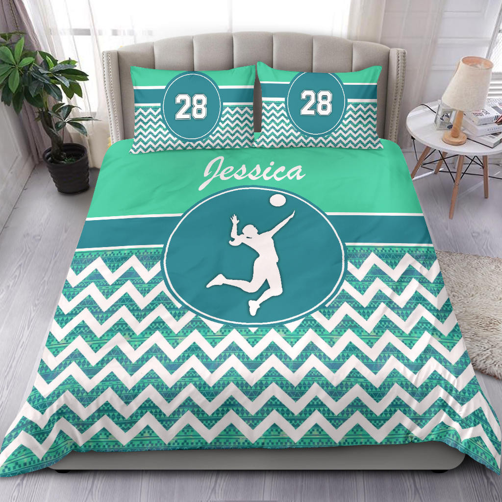 Personalized Volleyball Duvet Cover Set, Volleyball Girl Zig Zag Player Blue Green Duvet Cover & Pillowcases, Custom Name Number Bedding Set