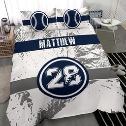 Personalized Baseball Duvet Cover Set, Baseball Blue Player Gift Idea White Duvet Cover & Pillowcases, Custom Name Number Bedding Set