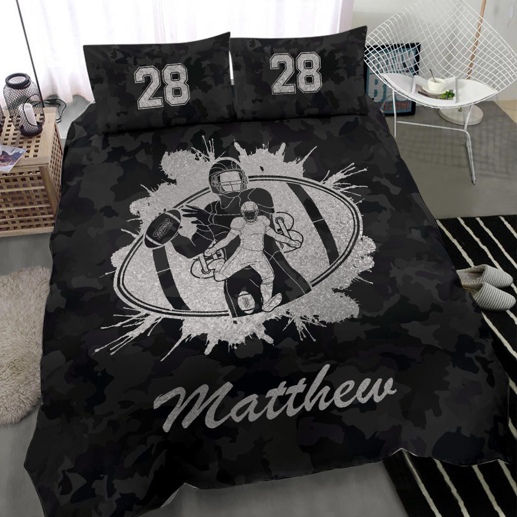 Personalized Football Duvet Cover Set, America Football Ball Black Camo Player Gift Duvet Cover & Pillowcases, Custom Name Number Bedding Set