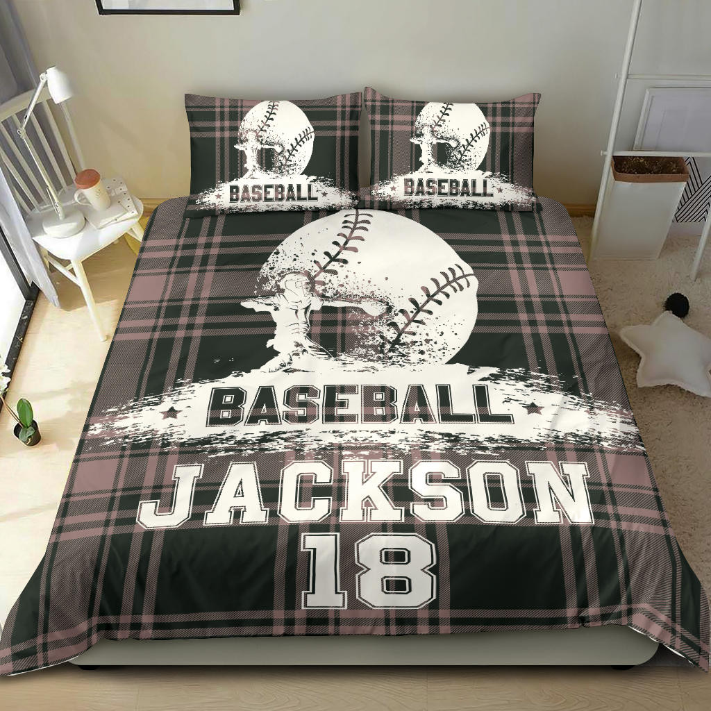 Personalized Baseball Duvet Cover Set, Baseball Ball Pitcher Checkered Player Gift Duvet Cover & Pillowcases, Custom Name Number Bedding Set