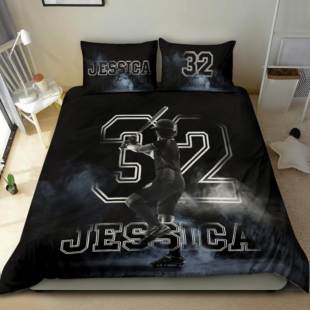 Personalized Softball Duvet Cover Set, Softball Fog Batter Player Gift Idea Black Duvet Cover & Pillowcases, Custom Name Number Bedding Set