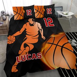 Personalized Basketball Duvet Cover Set, Fire Basketball Boy Player Gift Idea Black Duvet Cover & Pillowcases, Custom Name Number Bedding Set