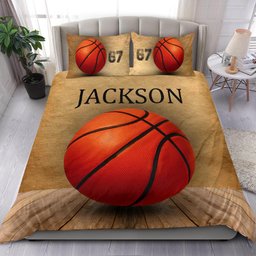 Personalized Basketball Duvet Cover Set, Basketball Ball Vintage Wood Player Gift Duvet Cover & Pillowcases, Custom Name Number Bedding Set