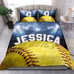 Personalized Softball Duvet Cover Set, Softball Ball Stadium Player Blue Yellow Duvet Cover & Pillowcases, Custom Name Number Bedding Set