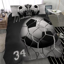 Personalized Soccer Duvet Cover Set, Soccer Ball Grey Black Player Gift Idea Duvet Cover & Pillowcases, Custom Name Number Bedding Set