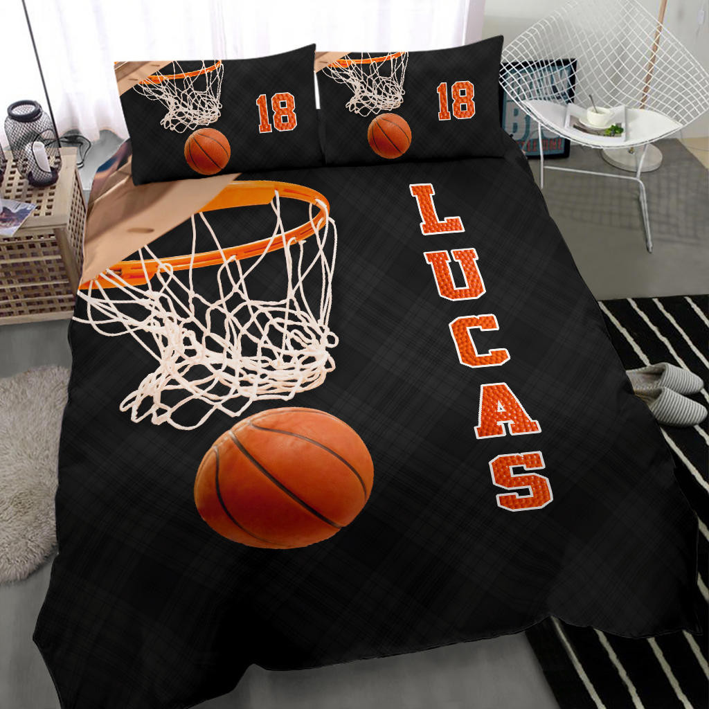 Personalized Basketball Duvet Cover Set, Basketball Ball 3D Printed Player Gift Black Duvet Cover & Pillowcases, Custom Name Number Bedding Set