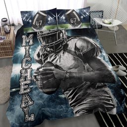 Personalized Football Duvet Cover Set, Football Boy Strong Player Gift Idea Blue Duvet Cover & Pillowcases, Custom Name Number Bedding Set