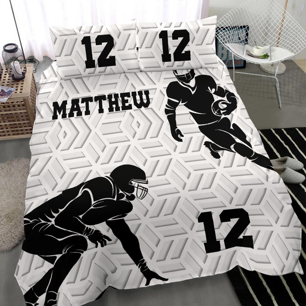 Personalized Football Duvet Cover Set, America Football Boy 3D Player Gift White Duvet Cover & Pillowcases, Custom Name Number Bedding Set