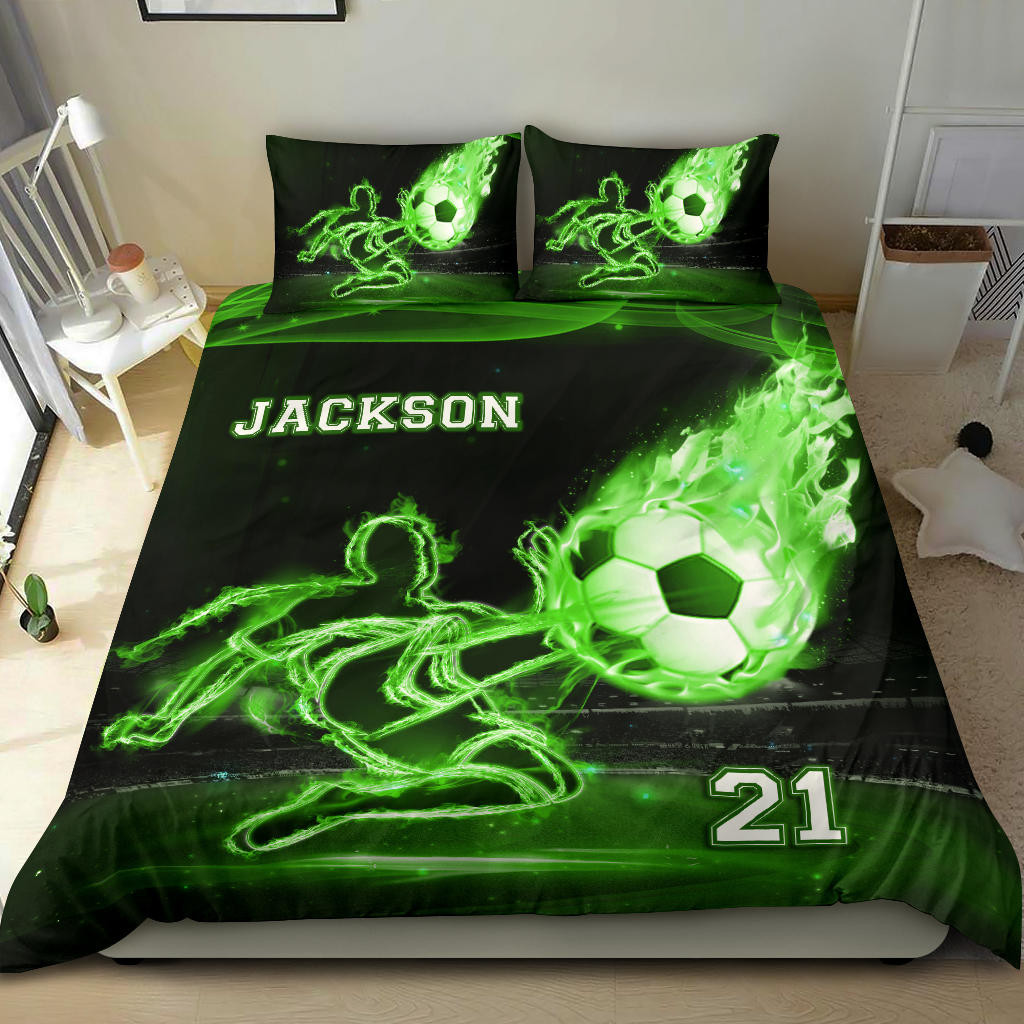Personalized Soccer Duvet Cover Set, Soccer Boy Ball Green Fire Player Gift Idea Duvet Cover & Pillowcases, Custom Name Number Bedding Set