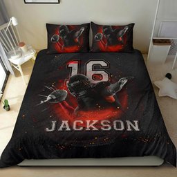 Personalized Football Duvet Cover Set, Football Player Gift Idea Red Black Duvet Cover & Pillowcases, Custom Name Number Bedding Set