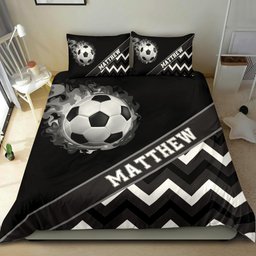 Personalized Soccer Duvet Cover Set, Soccer Ball Zig Zag Smoke Player Gift Black Duvet Cover & Pillowcases, Custom Name Number Bedding Set