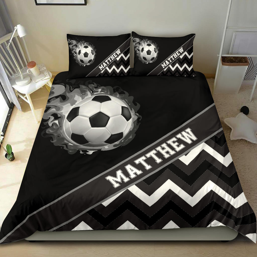 Personalized Soccer Duvet Cover Set, Soccer Ball Zig Zag Smoke Player Gift Black Duvet Cover & Pillowcases, Custom Name Number Bedding Set