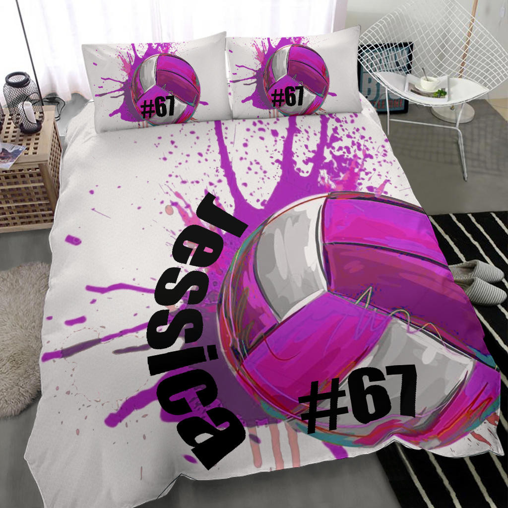 Personalized Volleyball Duvet Cover Set, Volleyball Ball Purple Watercolor Player Fan Duvet Cover & Pillowcases, Custom Name Number Bedding Set
