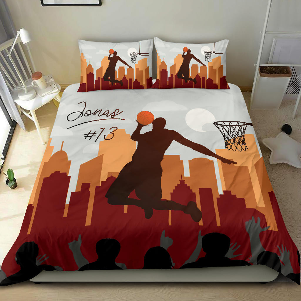 Personalized Basketball Duvet Cover Set, Basketball Slam Dunk Retro Vintage Player Duvet Cover & Pillowcases, Custom Name Number Bedding Set