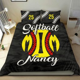 Personalized Softball Duvet Cover Set, Softball Mom Black Camo Player Gift Idea Duvet Cover & Pillowcases, Custom Name Number Bedding Set