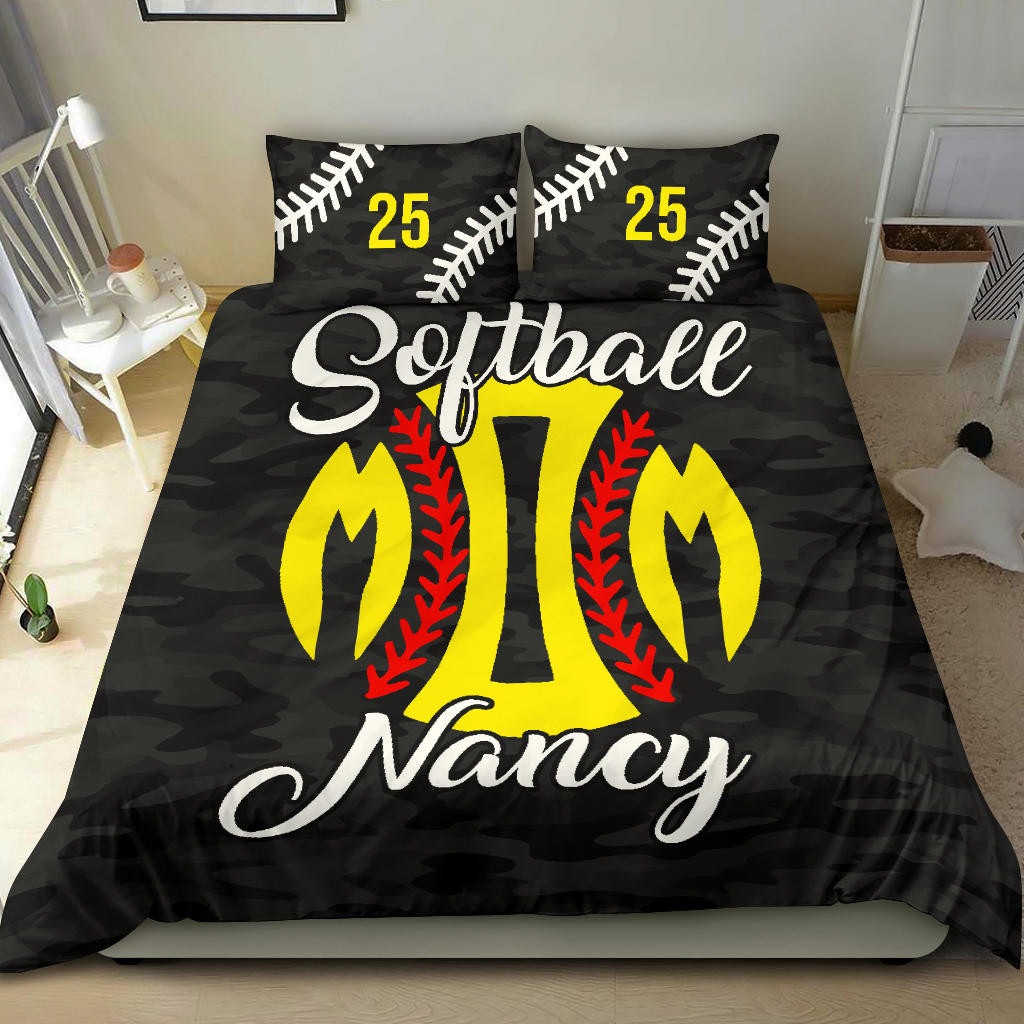 Personalized Softball Duvet Cover Set, Softball Mom Black Camo Player Gift Idea Duvet Cover & Pillowcases, Custom Name Number Bedding Set