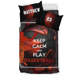 Personalized Basketball Duvet Cover Set, Keep Calm Play Basketball Red Black Player Duvet Cover & Pillowcases, Custom Name Number Bedding Set