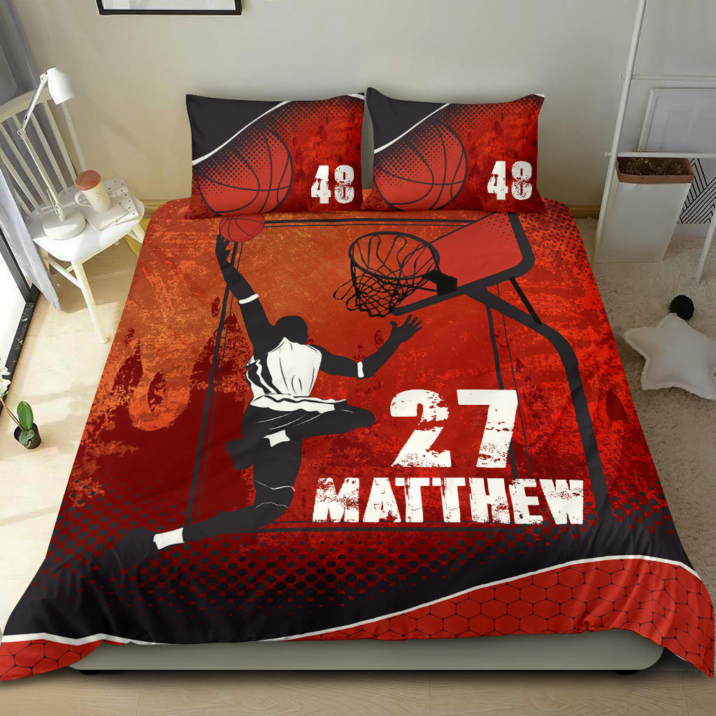 Personalized Basketball Duvet Cover Set, Basketball Jump Slamdunk Player Gift Red Duvet Cover & Pillowcases, Custom Name Number Bedding Set