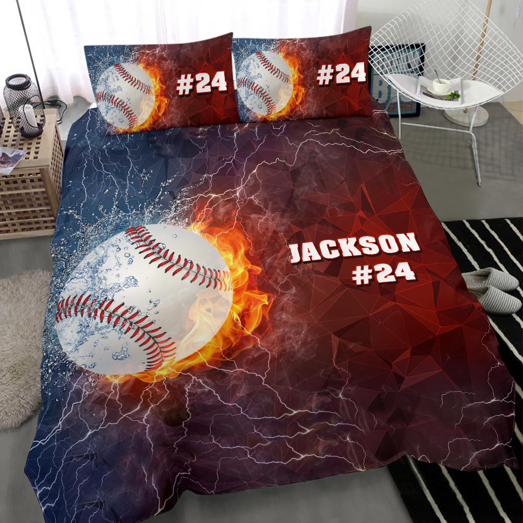 Personalized Baseball Duvet Cover Set, Baseball Ball Thunder Red Blue Player Gift Duvet Cover & Pillowcases, Custom Name Number Bedding Set