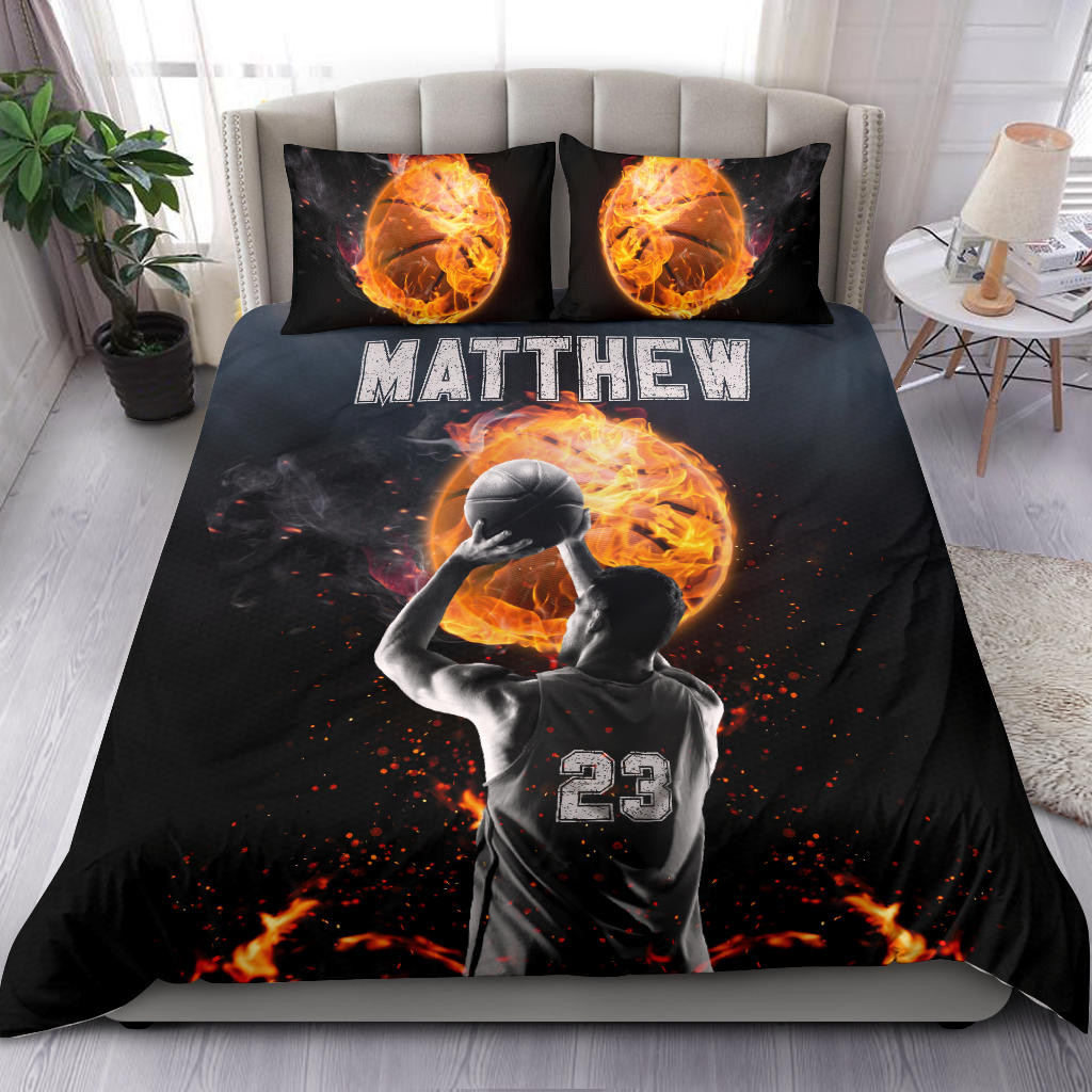 Personalized Basketball Duvet Cover Set, Basketball Boy Fire Ball Throw Player Black Duvet Cover & Pillowcases, Custom Name Number Bedding Set
