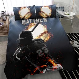 Personalized Baseball Duvet Cover Set, Baseball Boy Fire Ball Batter Pose Player Duvet Cover & Pillowcases, Custom Name Number Bedding Set