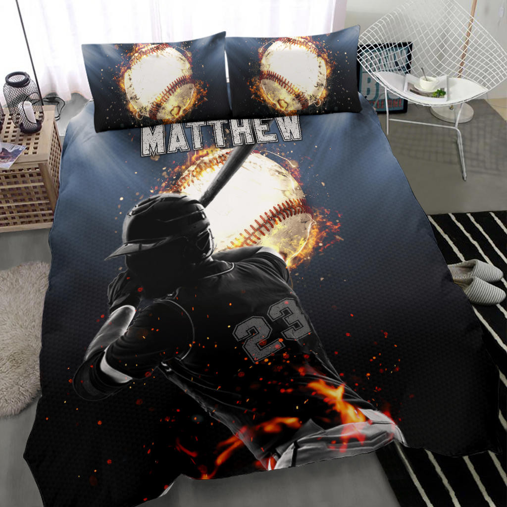 Personalized Baseball Duvet Cover Set, Baseball Boy Fire Ball Batter Pose Player Duvet Cover & Pillowcases, Custom Name Number Bedding Set