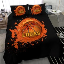 Personalized Basketball Duvet Cover Set, Basketball Ball Watercolor Player Gift Black Duvet Cover & Pillowcases, Custom Name Number Bedding Set