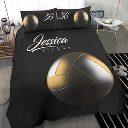 Personalized Volleyball Duvet Cover Set, Volleyball Ball Vintage Player Gift Black Duvet Cover & Pillowcases, Custom Name Number Bedding Set