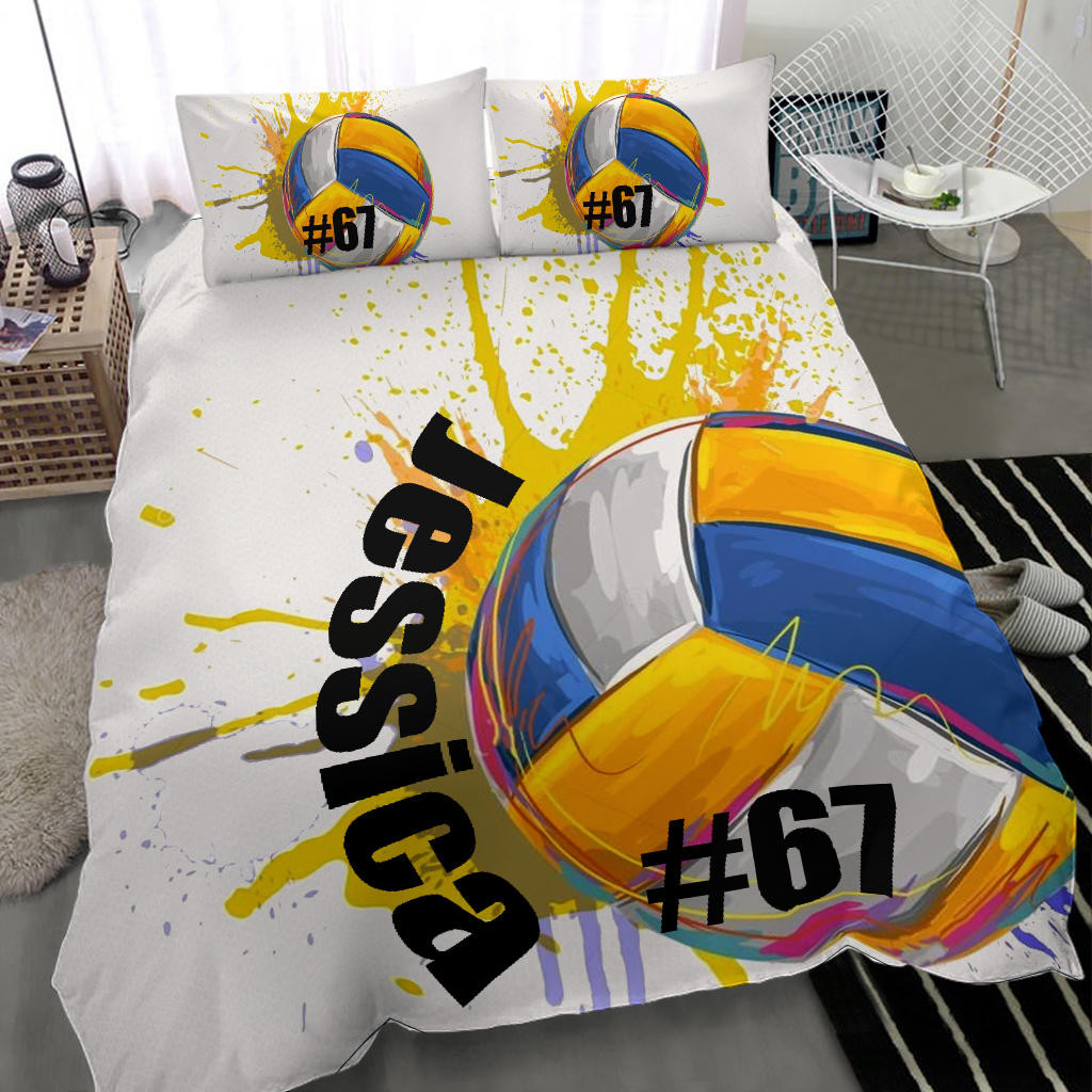 Personalized Volleyball Duvet Cover Set, Volleyball Ball Watercolor Player Gift White Duvet Cover & Pillowcases, Custom Name Number Bedding Set