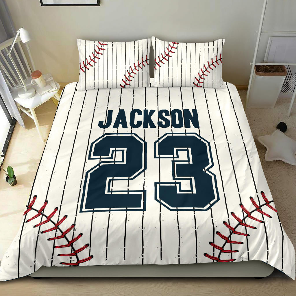 Personalized Baseball Duvet Cover Set, Baseball Shirt Pattern Player Gift White Duvet Cover & Pillowcases, Custom Name Number Bedding Set