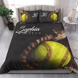 Personalized Softball Duvet Cover Set, Softball Vintage Ball Glove Player Gift Idea Duvet Cover & Pillowcases, Custom Name Number Bedding Set