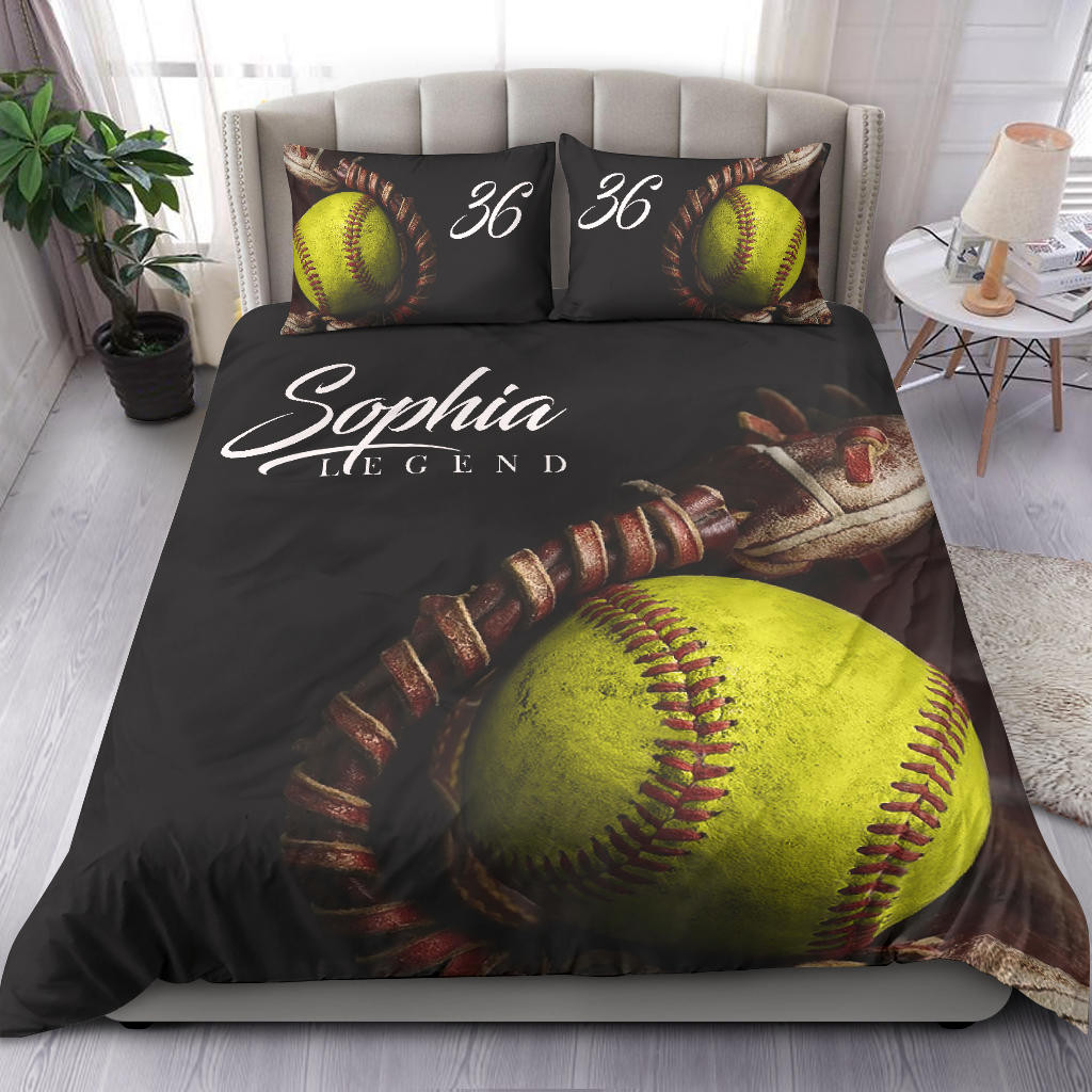 Personalized Softball Duvet Cover Set, Softball Vintage Ball Glove Player Gift Idea Duvet Cover & Pillowcases, Custom Name Number Bedding Set