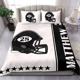 Personalized Football Duvet Cover Set, Football Helmet Black White Player Gift Idea Duvet Cover & Pillowcases, Custom Name Number Bedding Set