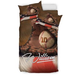 Personalized Baseball Duvet Cover Set, Baseball Ball Glove America Flag Player Gift Duvet Cover & Pillowcases, Custom Name Number Bedding Set