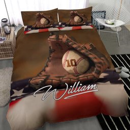 Personalized Baseball Duvet Cover Set, Baseball Ball Glove America Flag Player Gift Duvet Cover & Pillowcases, Custom Name Number Bedding Set