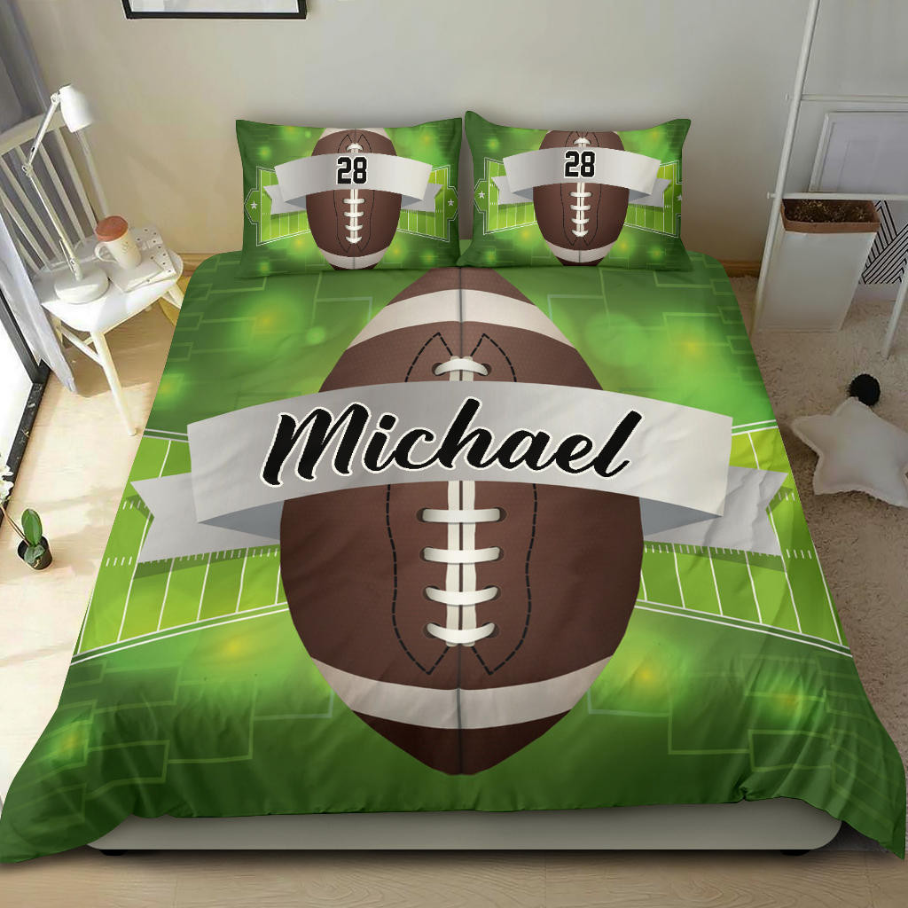 Personalized Football Duvet Cover Set, Football Ball Green Player Unique Gift Idea Duvet Cover & Pillowcases, Custom Name Number Bedding Set