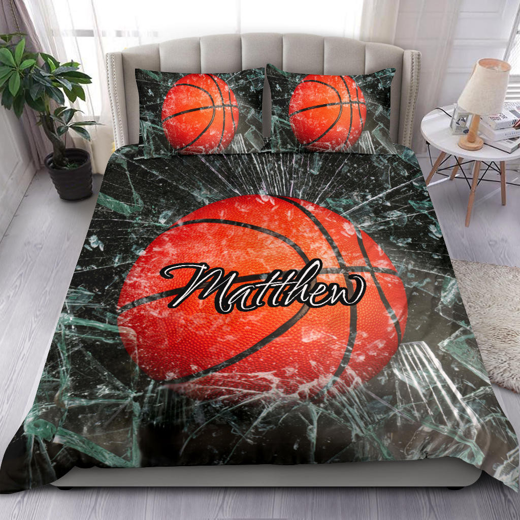 Personalized Basketball Duvet Cover Set, Basketball Ball Break Glass Player Gift Idea Duvet Cover & Pillowcases, Custom Name Number Bedding Set