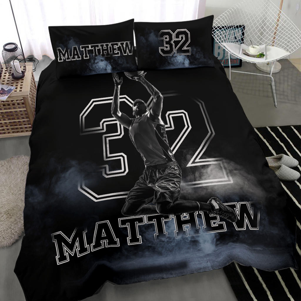 Personalized Basketball Duvet Cover Set, Basketball Boy Fog Player Gift Idea Black Duvet Cover & Pillowcases, Custom Name Number Bedding Set