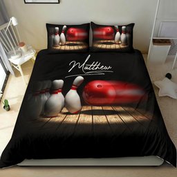 Personalized Bowling Duvet Cover Set, Bowling Ball Pin Bowler Player Gift Black Duvet Cover & Pillowcases, Custom Name Number Bedding Set