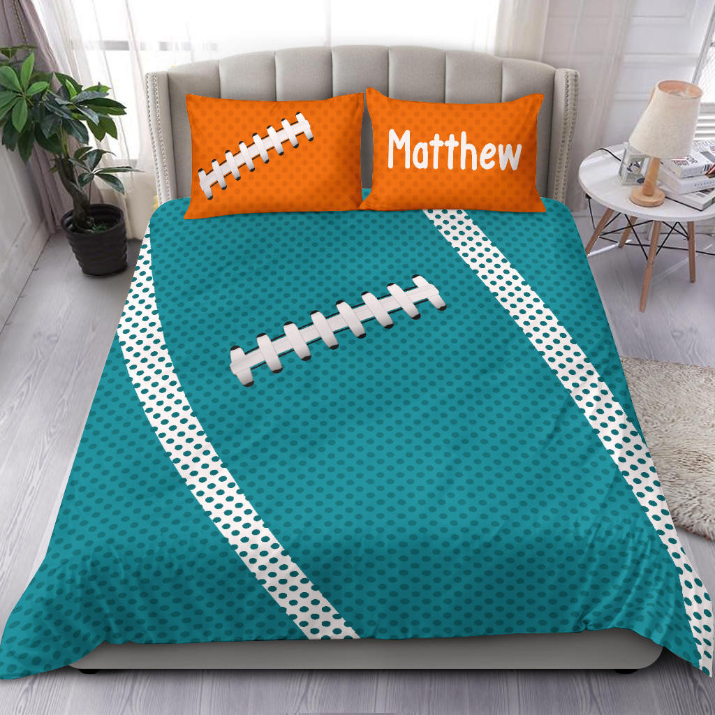 Personalized Football Duvet Cover Set, Football Pattern Turquoise Player Gift Idea Duvet Cover & Pillowcases, Custom Name Number Bedding Set