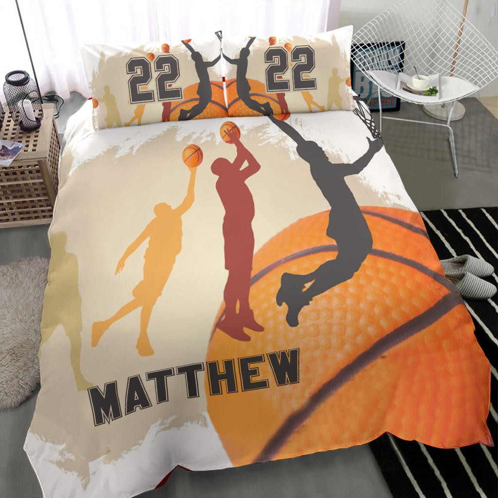 Personalized Basketball Duvet Cover Set, Basketball Boy Vintage Retro Player Gift Duvet Cover & Pillowcases, Custom Name Number Bedding Set
