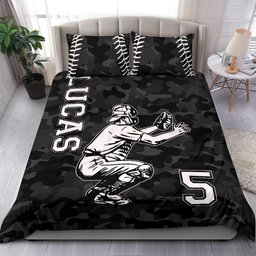 Personalized Baseball Duvet Cover Set, Baseball Catcher Black Camo Player Gift Idea Duvet Cover & Pillowcases, Custom Name Number Bedding Set