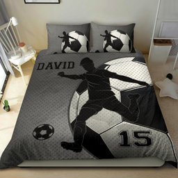 Personalized Soccer Duvet Cover Set, Soccer Boy Ball Classic Player Gift Black Duvet Cover & Pillowcases, Custom Name Number Bedding Set