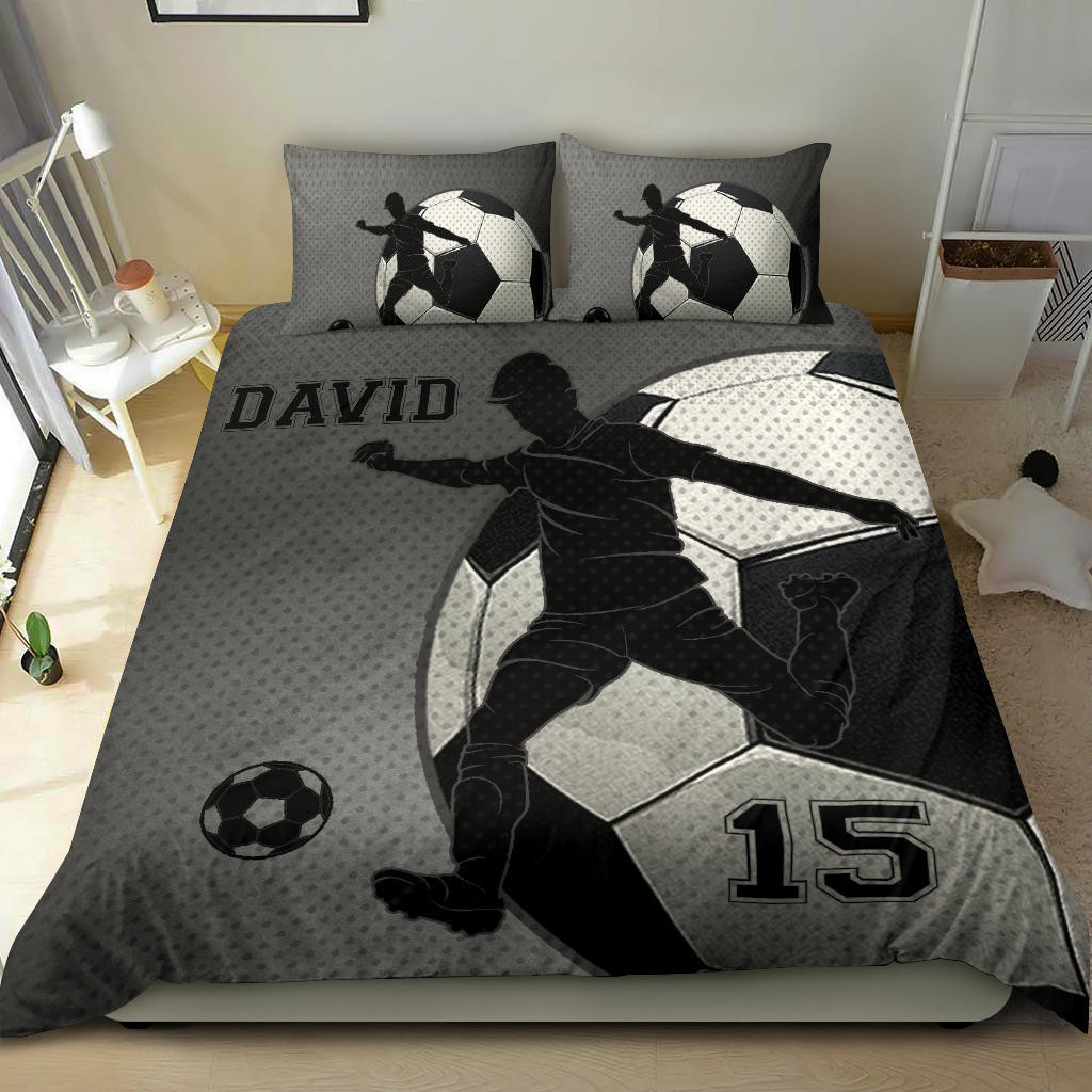 Personalized Soccer Duvet Cover Set, Soccer Boy Ball Classic Player Gift Black Duvet Cover & Pillowcases, Custom Name Number Bedding Set