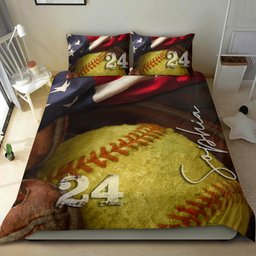 Personalized Softball Duvet Cover Set, Softball Ball America Flag Player Gift Idea Duvet Cover & Pillowcases, Custom Name Number Bedding Set