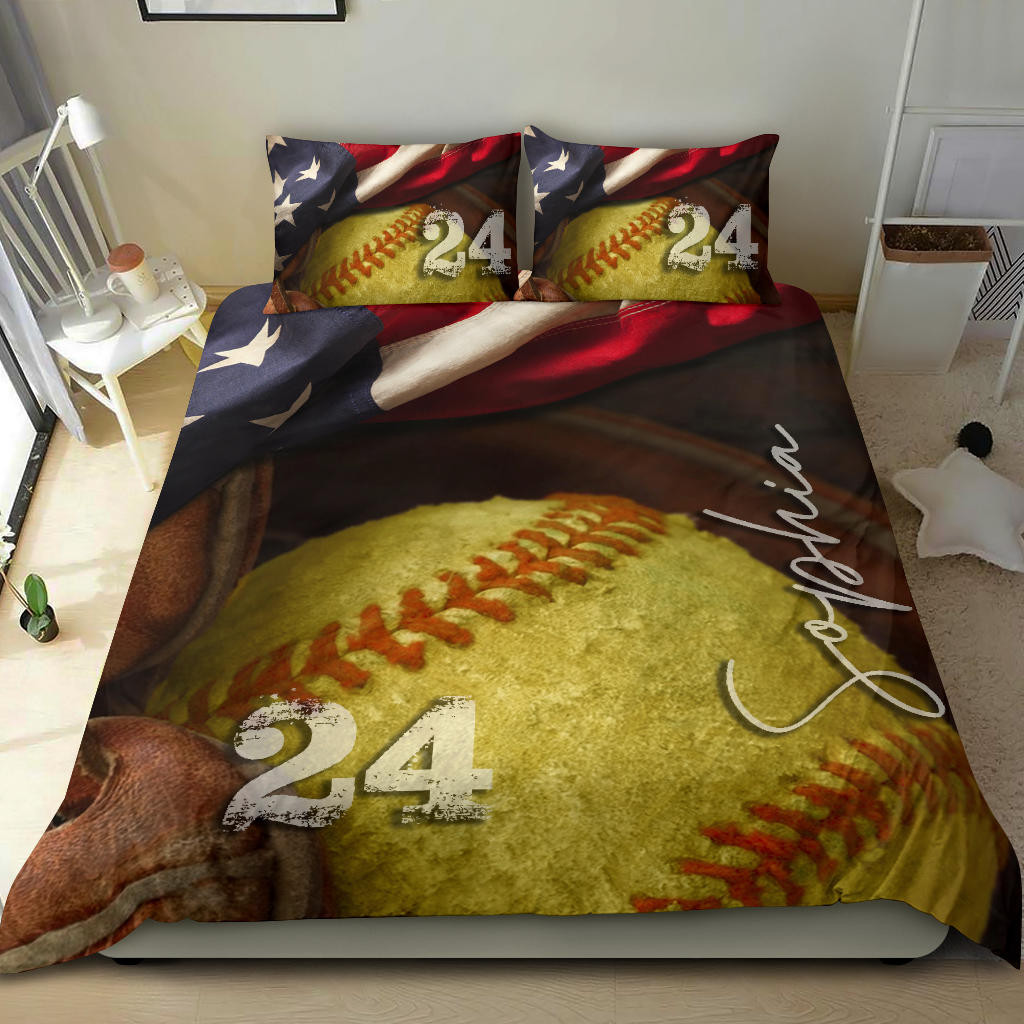 Personalized Softball Duvet Cover Set, Softball Ball America Flag Player Gift Idea Duvet Cover & Pillowcases, Custom Name Number Bedding Set